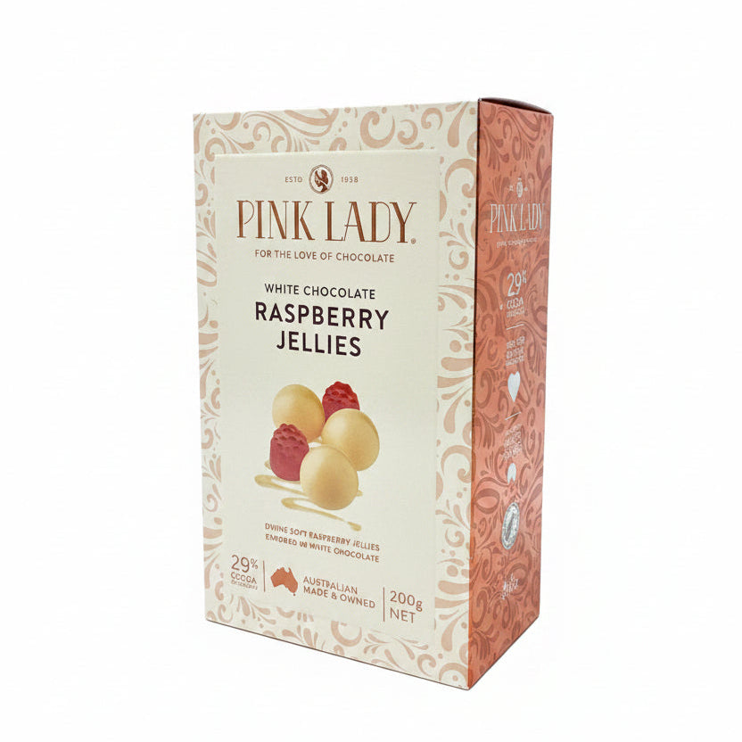 Pink Lady White Choc Raspberry Jellies Box 200g