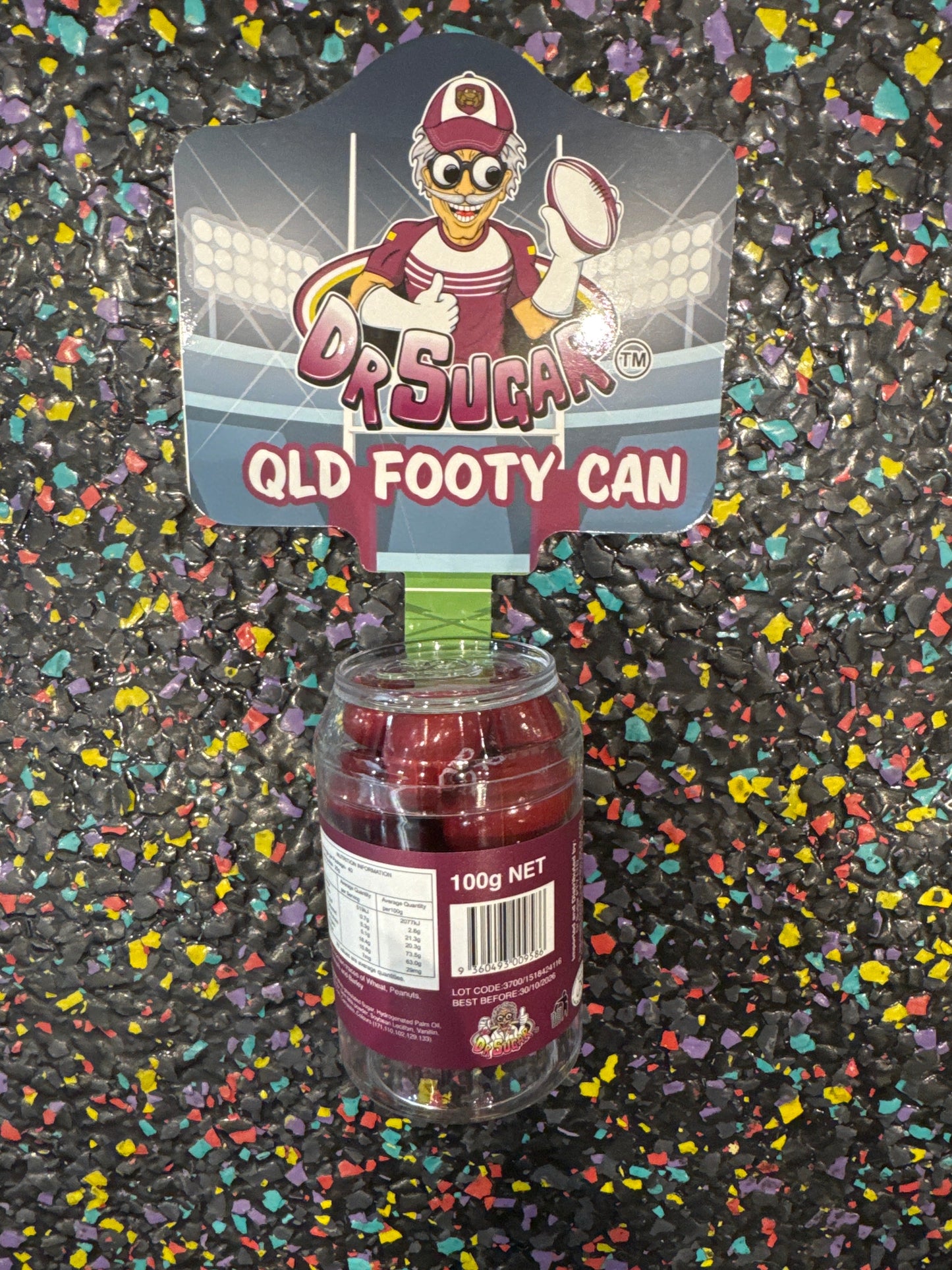 Dr Sugar - 100g CHOCOLATE footballs - QLD - Red colour-QLD FOOTY CAN - Tom's Confectionery Warehouse