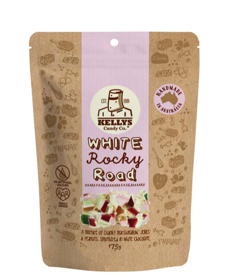 Kellys White Choc Rocky Road 175g - Tom's Confectionery Warehouse