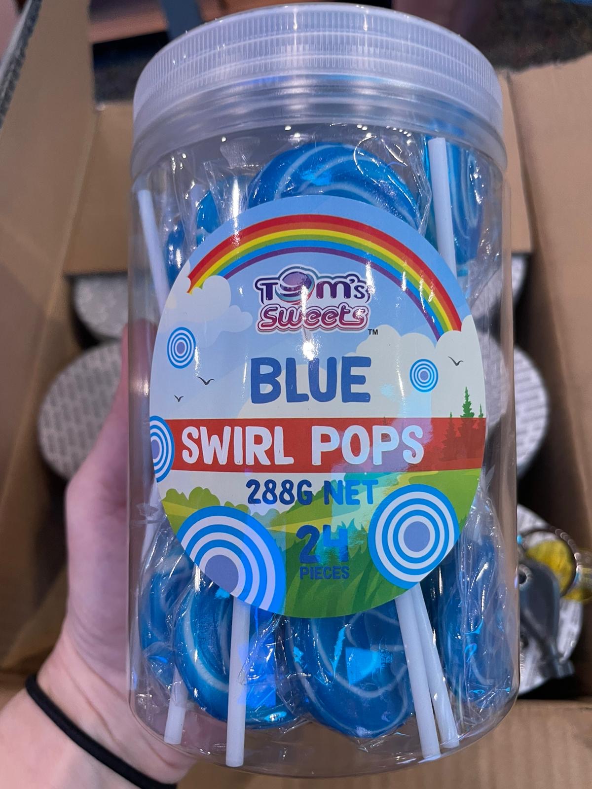 Tom's Sweets blue swirl pops in tub 12g
