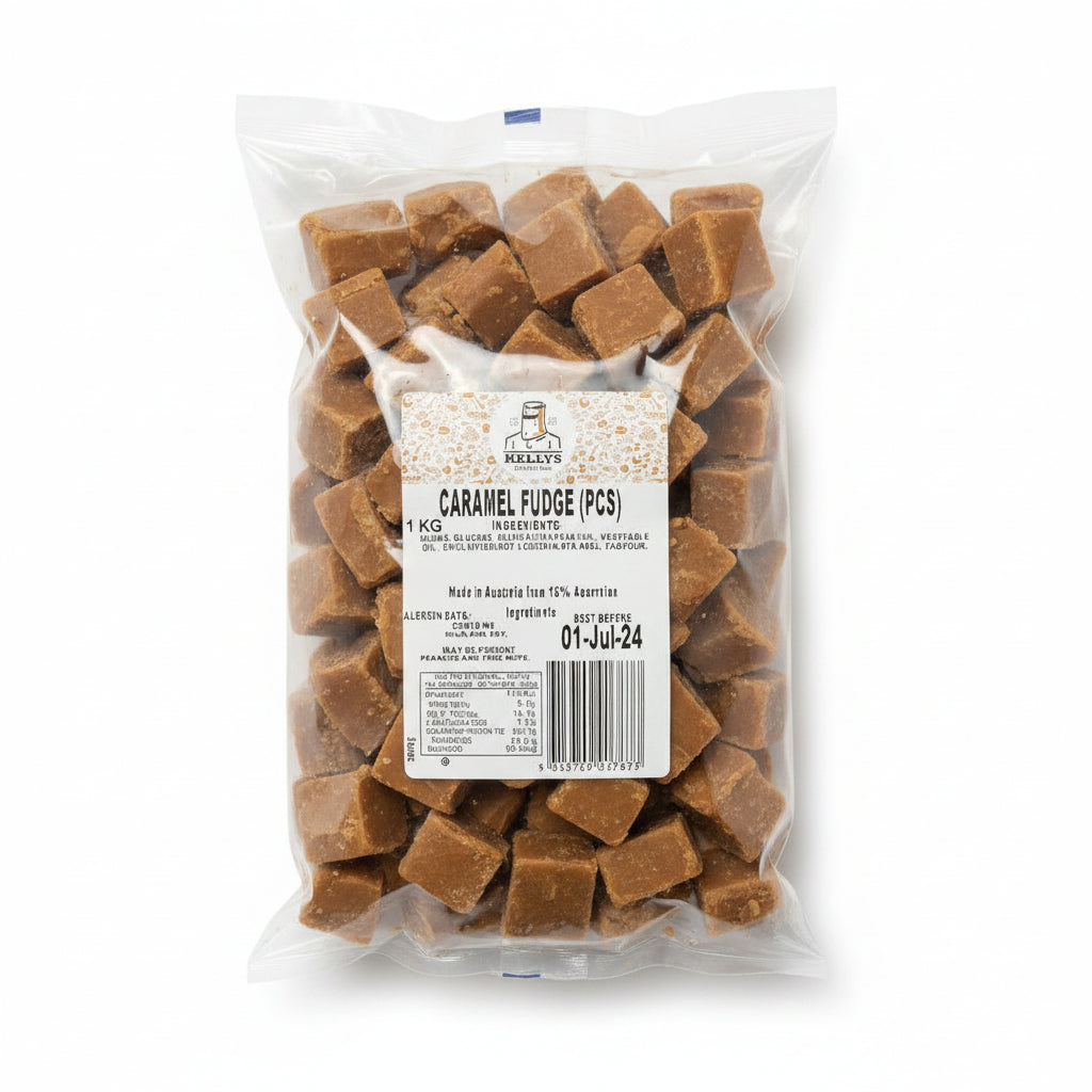 Kellys Caramel Fudge PCS 1kg - Tom's Confectionery Warehouse