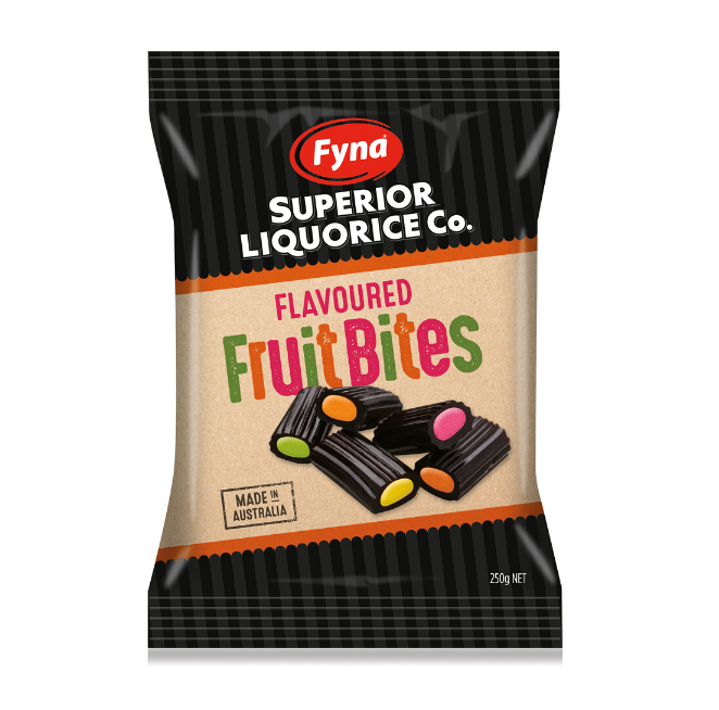 FYNA FRUIT LIQUORICE BITES 250G - Tom's Confectionery Warehouse