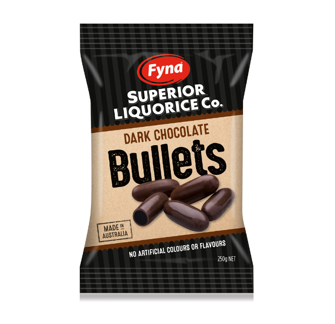 Fyna Superior Liquorice Dark Choc Bullets 250g