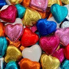 Toms Choc Hearts 1kg mixed foiled in cello bag - Tom's Confectionery Warehouse