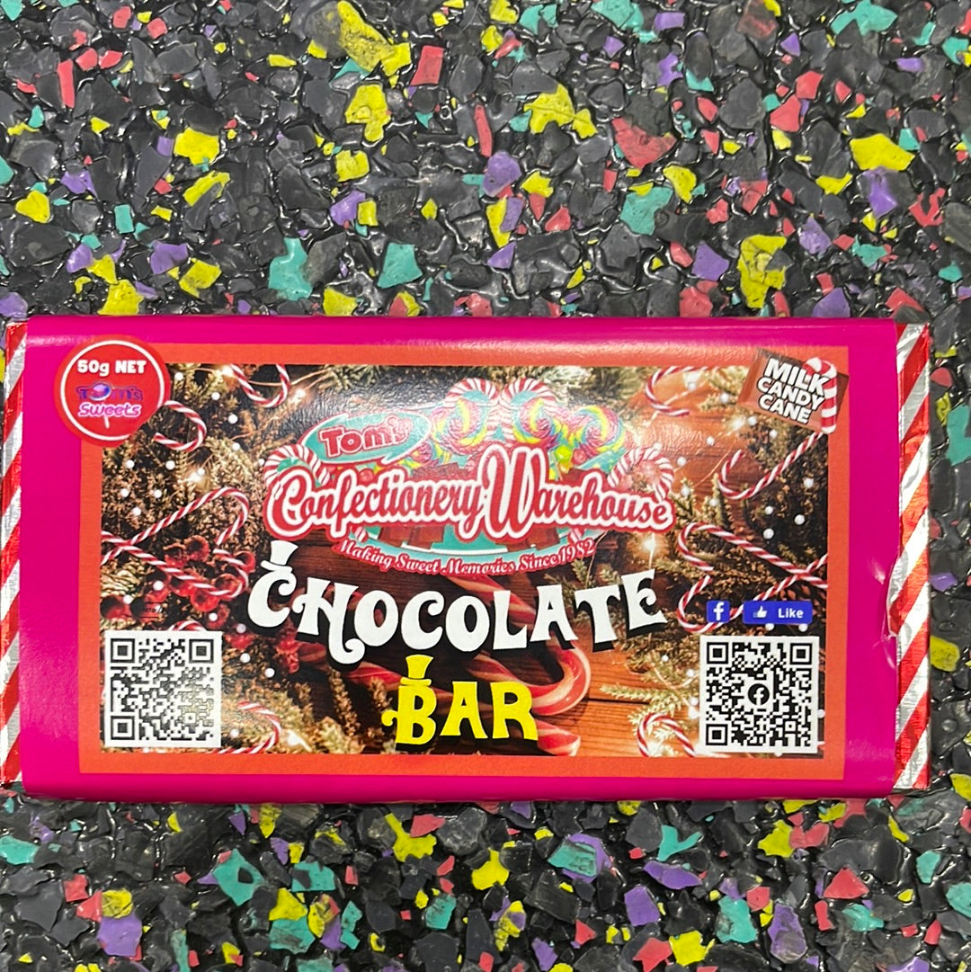 TOM'S CHOCOLATE BAR - DARK CHOCOLATE WITH CANDY CANE PIECES 50G