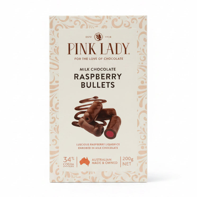 Pink Lady Milk Choc Raspberry Bullets Box 200g
