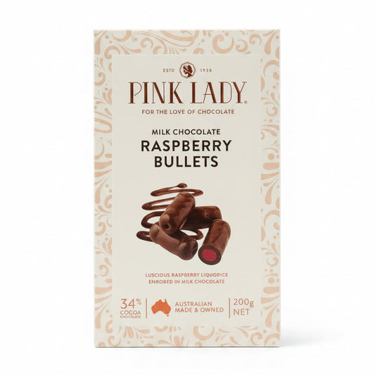 Pink Lady Milk Choc Raspberry Bullets Box 200g
