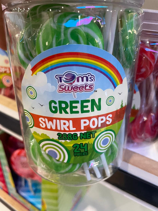 Tom's Sweets green swirl pops in tub 12g x 24 pieces