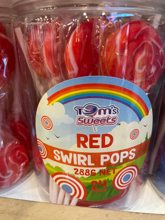 Tom's Sweets red swirl pops in tub 12g x 24 pieces