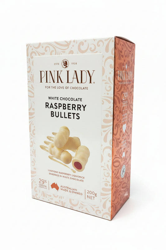 Pink Lady White Choc Raspberry Bullets Box 200g