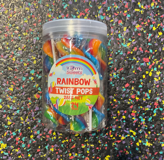 Tom's Sweets rainbow TWIST pops in tub 12g x 24 pieces - Tom's Confectionery Warehouse