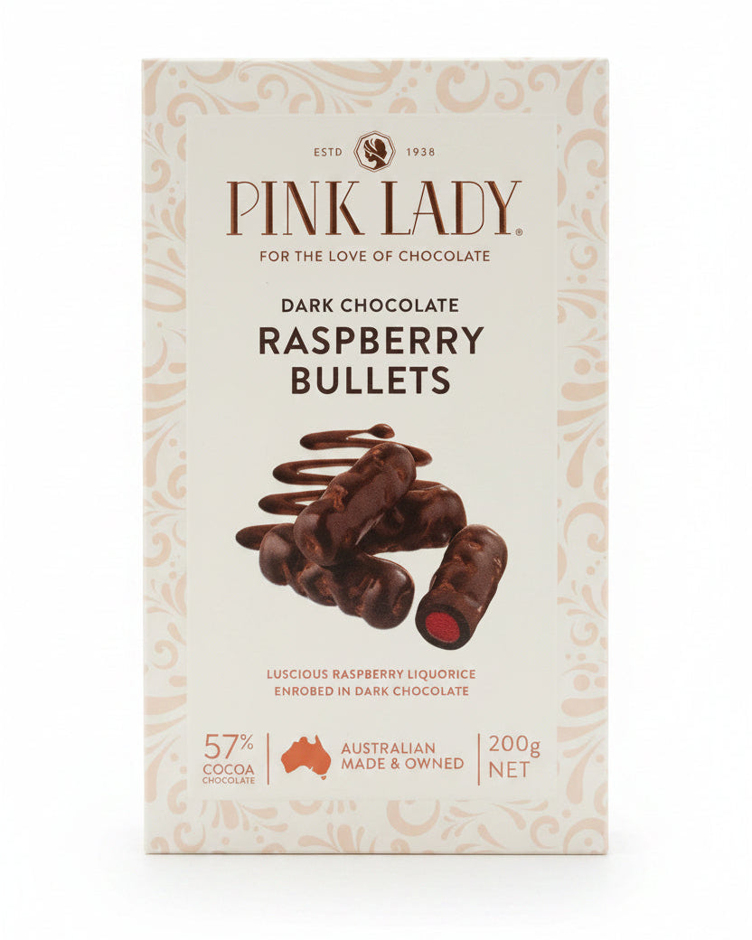 Pink Lady Dark Choc Raspberry Bullets Box 200g
