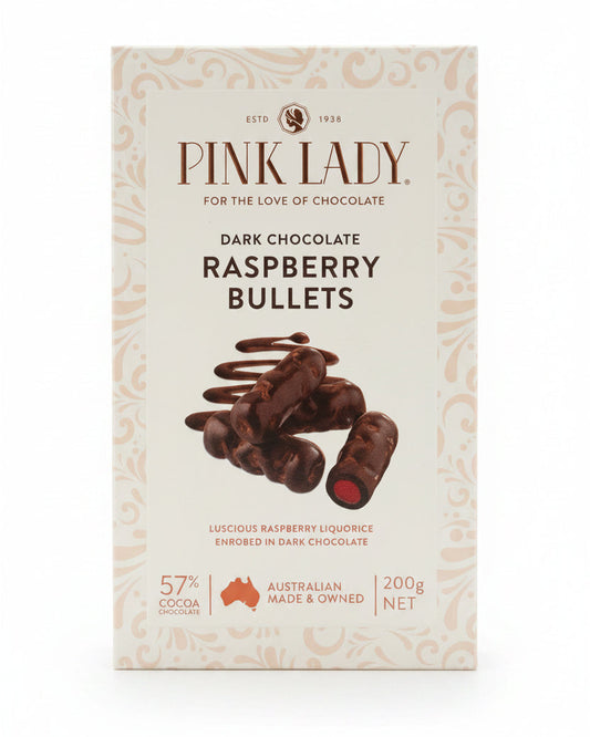 Pink Lady Dark Choc Raspberry Bullets Box 200g