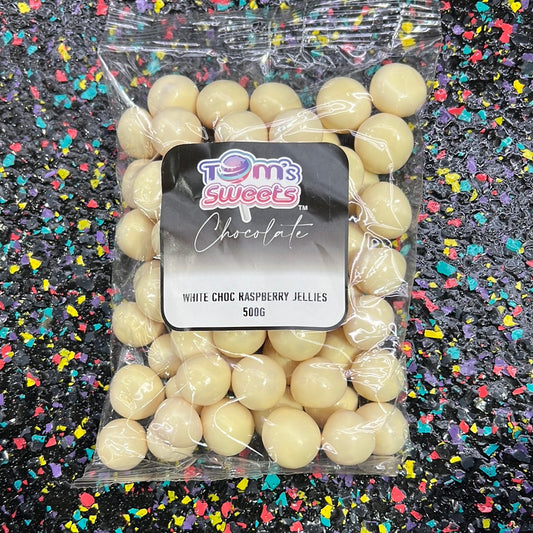 Tom’s Sweets White Choc Raspberries 500g
