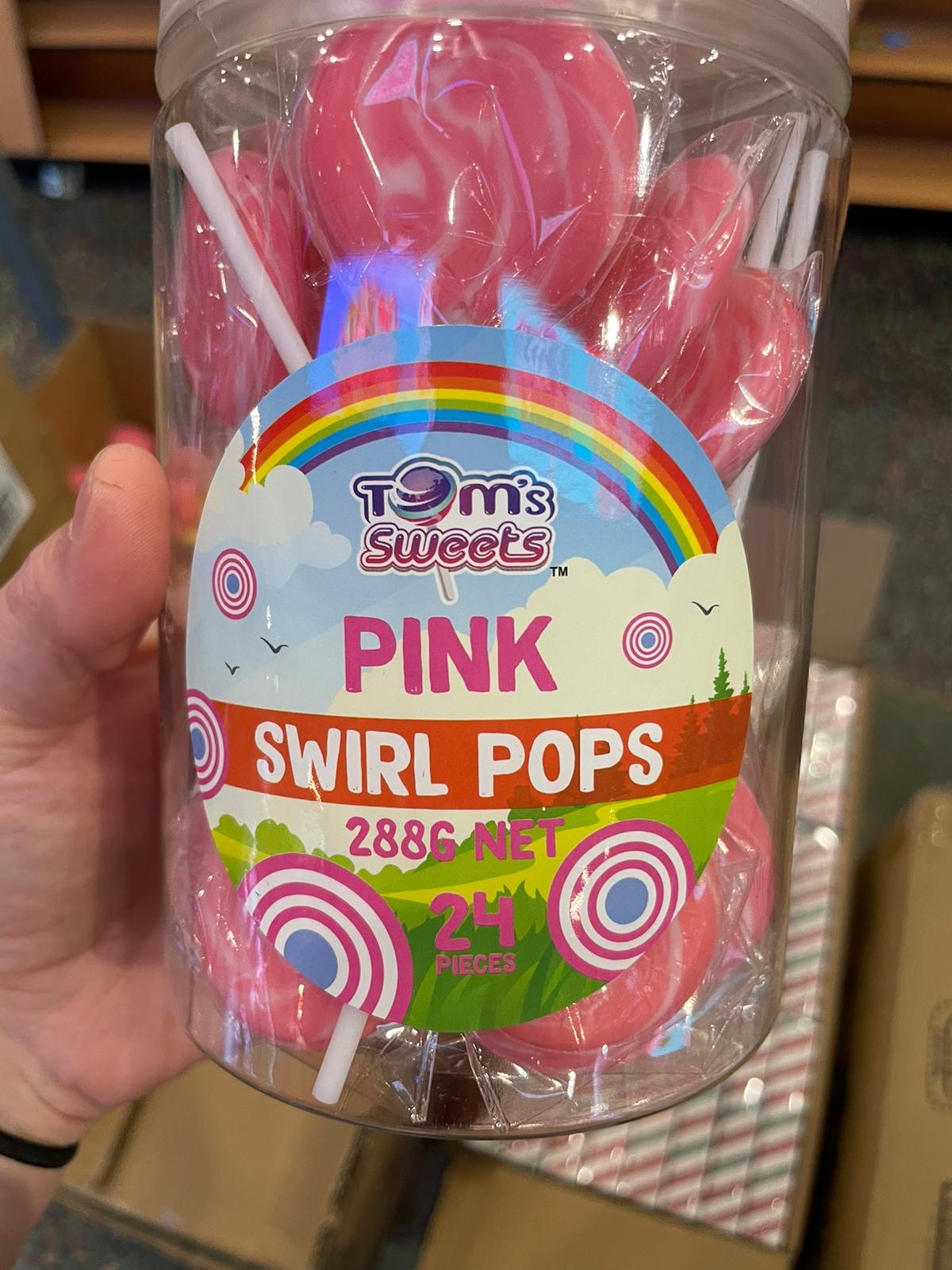Tom's Sweets pink swirl pops in tub 12g