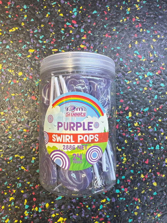 Tom's Sweets purple swirl pops in tub 12g x 24 pieces