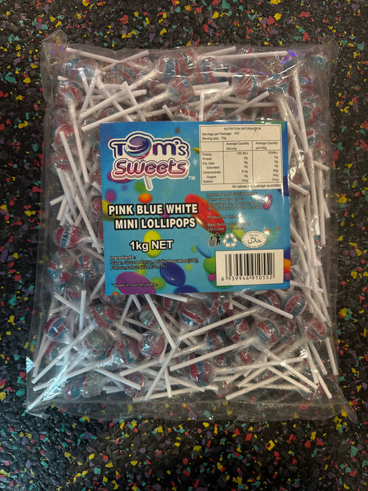 Tom's Sweets -  Pink, Blue &  White Mini Lollipops 1kg