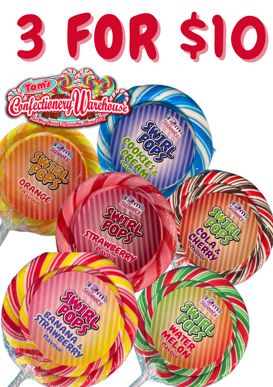 Tom's Sweets 80g Swirl Pops- 3 for $10
