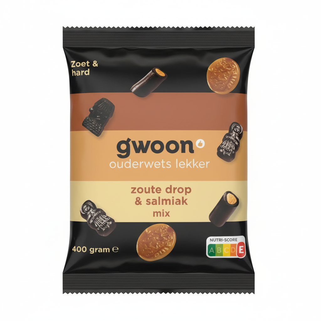 Gwoon Licorice Mix Salt zoute drop and salmiak mix 400g product photo on a transparent background