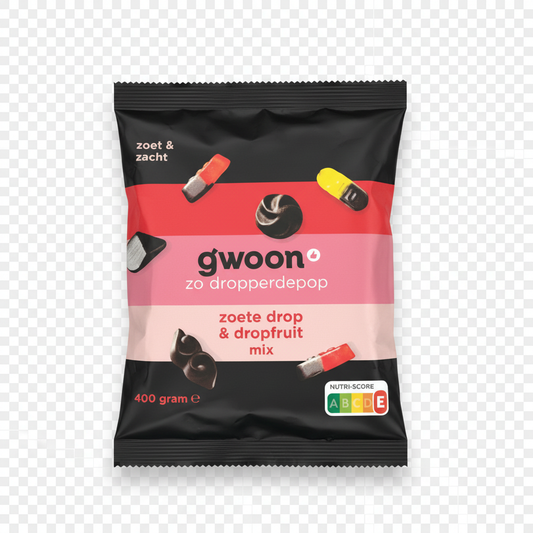 Gwoon Colored Licorice Mix Sweet zoete drop and dropfruit mix 400g product photo on a transparent background