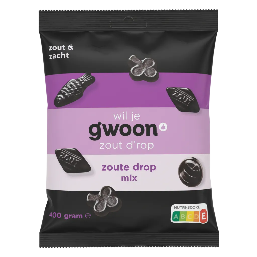 Gwoon salty liquorice zoete drop mix 400g product photo on a transparent background