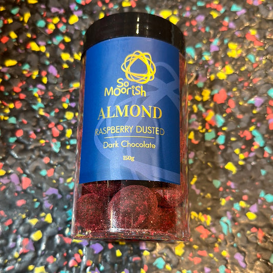 Raspberry Dusted Dark Choc Almond 150g