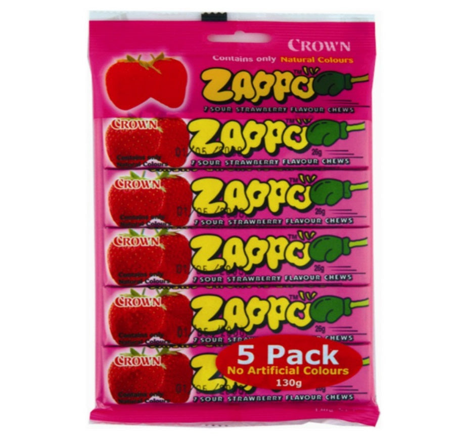 Crown Zappo Strawberry Chew 5pk 130g - Tom's Confectionery Warehouse