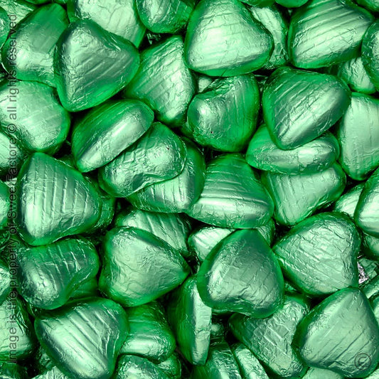 Toms Choc Hearts 1kg light green foiled in cello bag