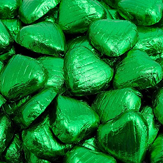 Toms Choc Hearts 1kg green foiled in cello bag