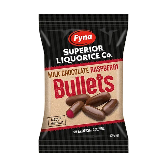 Fyna Superior Liquorice Milk Choc Rasp Bullets 250g