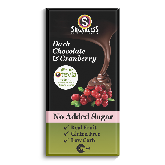 Sugarless Confectionery Dark Chocolate & Cranberry Stevia Block 100g