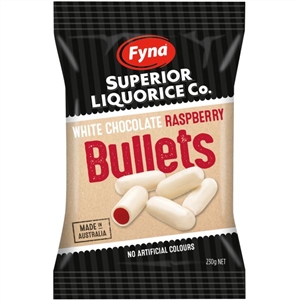 Fyna Superior Liquorice White Raspberry Bullets 230g - Tom's Confectionery Warehouse