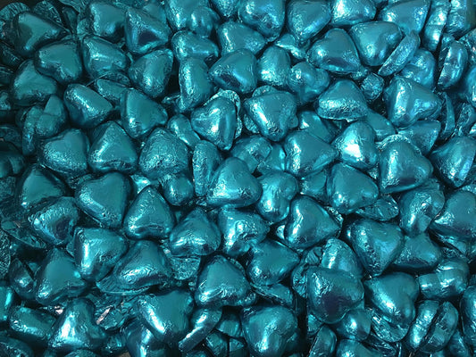 Toms Choc Hearts 1kg aqua foiled in cello bag