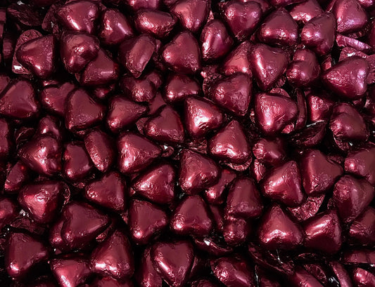 Toms Choc Hearts 1kg burgundy foiled in cello bag