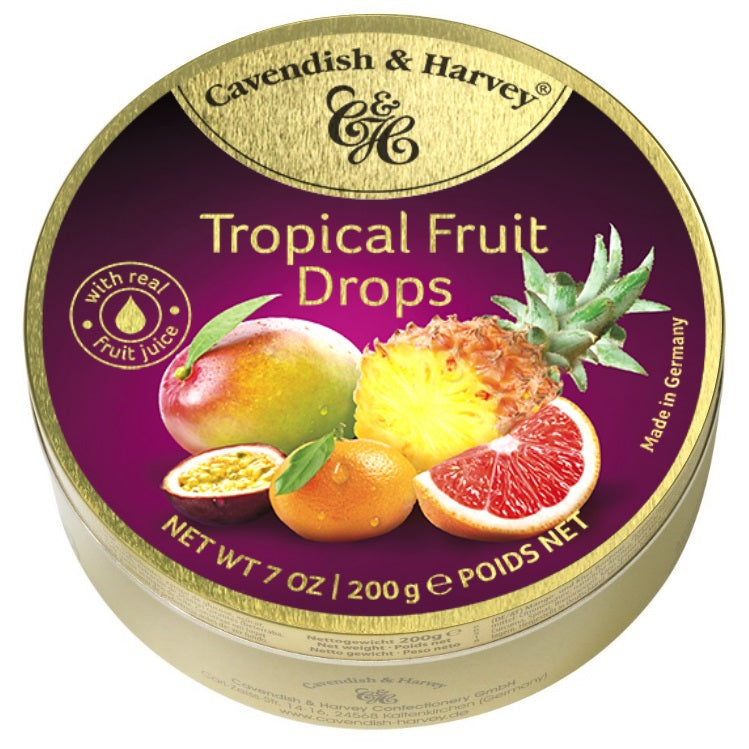 Cavendish & Harvey Tropical Fruit Drops Tin 200g - Tom's Confectionery Warehouse