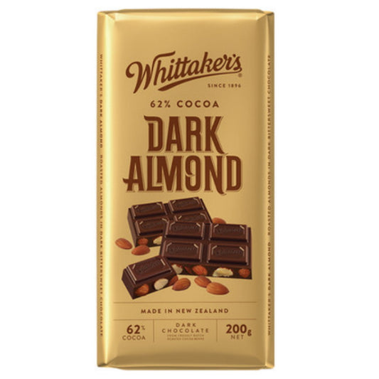 Whittaker’s Dark Almond 62% Cocoa Choc Block 200g - Tom's Confectionery Warehouse