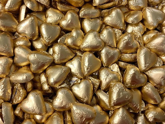 Toms Choc Hearts 1kg matte gold foiled in cello bag - Tom's Confectionery Warehouse