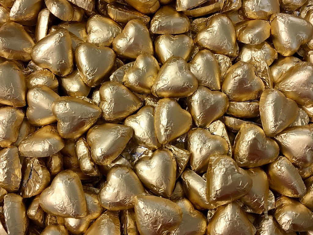 Toms Choc Hearts 1kg matte gold foiled in cello bag
