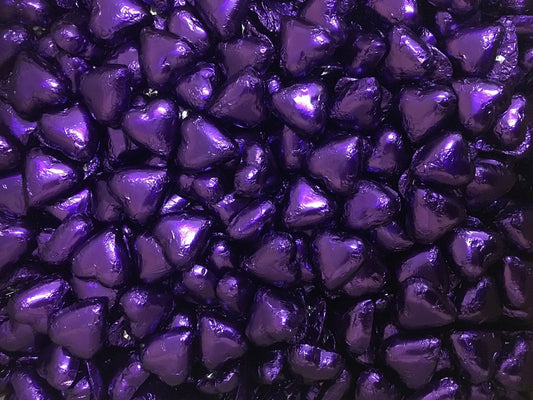 Toms Choc Hearts 1kg purple foiled in cello bag