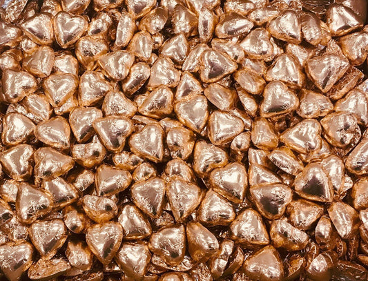 Toms Choc Hearts 1kg rose gold foiled in cello bag