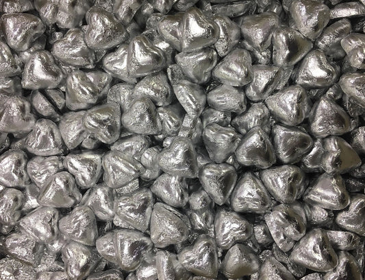 Toms Choc Hearts 1kg silver foiled in cello bag