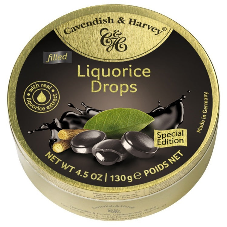 Cavendish & Harvey Liquorice Drops Filled with Liquorice Tin 130g - Tom's Confectionery Warehouse