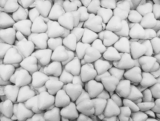 Toms Choc Hearts 1kg white foiled in cello bags