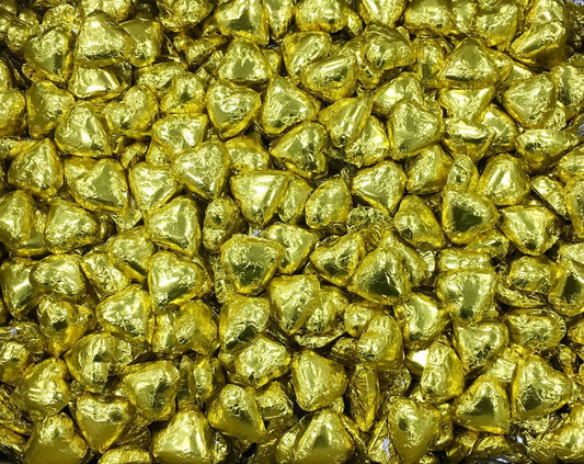Toms Choc Hearts 1kg gold foiled in cello bag - Tom's Confectionery Warehouse