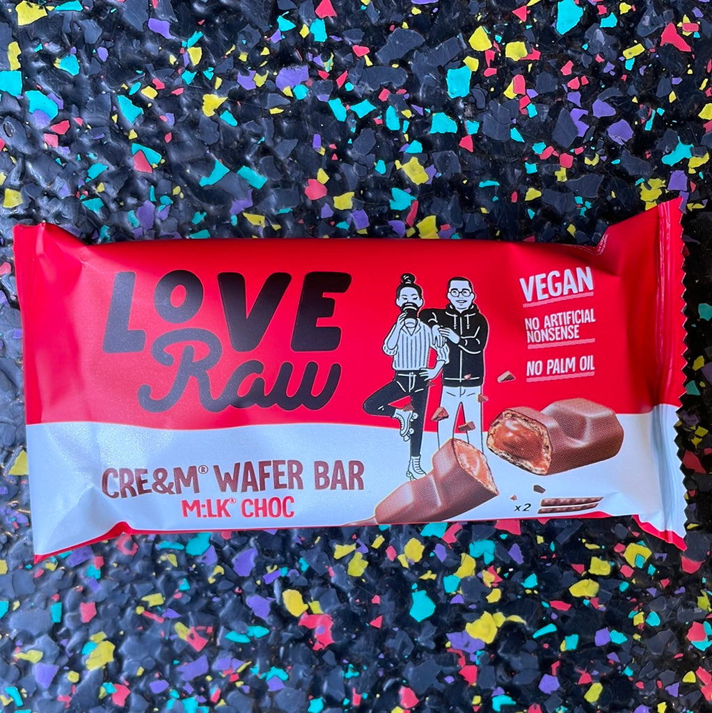 Love Raw vegan cream wafer bar milk choc 43g Tom's Confectionery